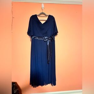 Roaman's Blue Pleated Maxi Gown with Flutter Sleeves